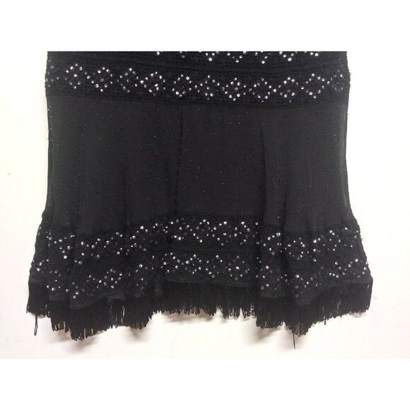 VTG Skirt Black Velvet boho fringed beaded Maxi 90s Michelle Antonelli elastic - Picture 6 of 10